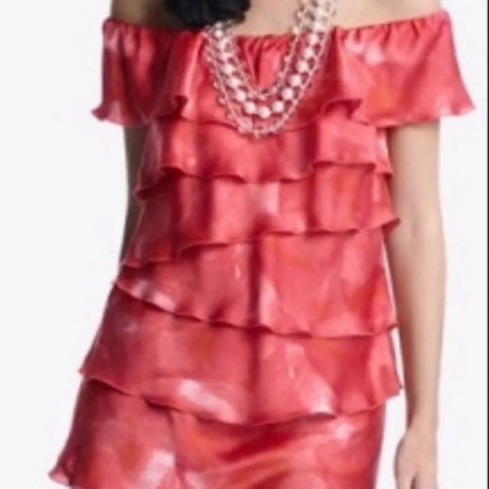 White House Black Market Pink/Coral Watercolor Ruffle Sleeveless Blouse, L - Picture 2 of 9